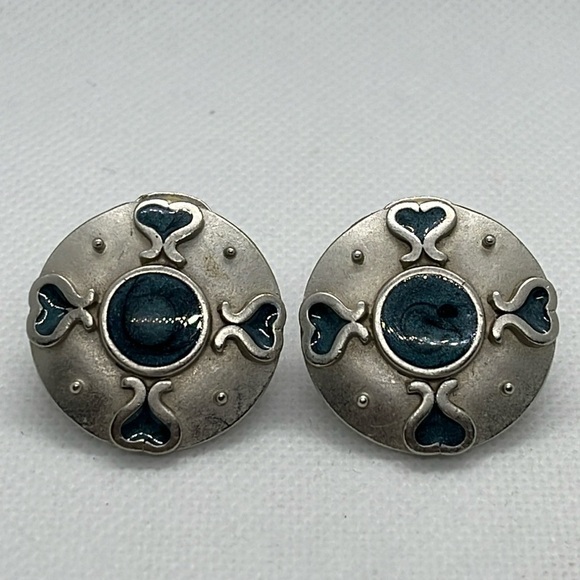 Women's Clip On Earrings Enameled Blue Hearts Silver Tone Circles Modern - Picture 1 of 10